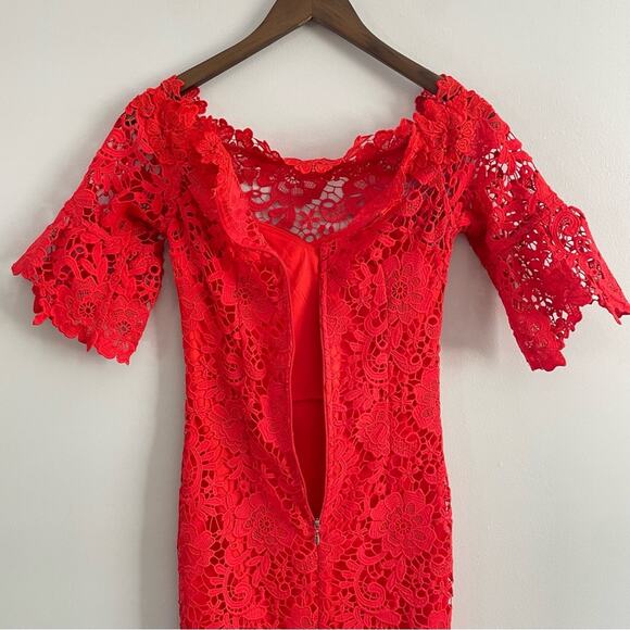 Paper Dolls | Women’s Red Crochet Lace Bardot Dress Off Shoulder Party Cocktail - Picture 12 of 15